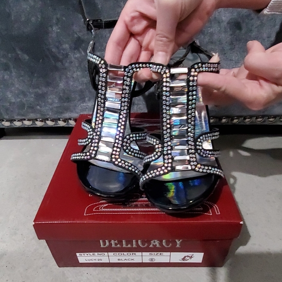 Black Strappy Heels with Stones & Hologram Insole - Picture 2 of 7